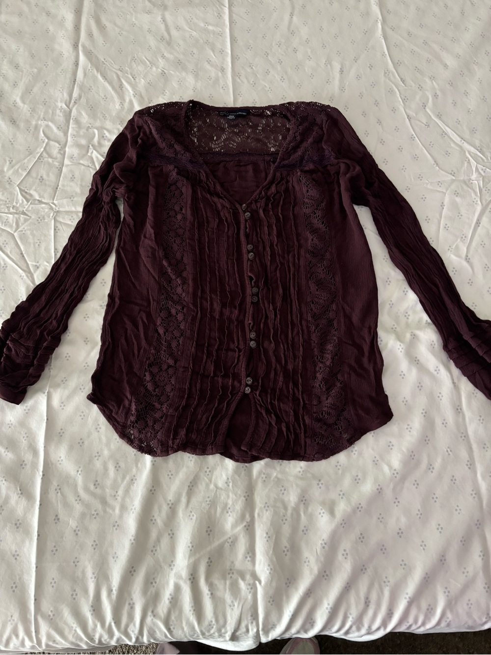 American Eagle outfitters Women's Lace-Trim Button Front Top - Burgundy #4